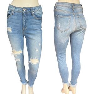 KanCan Medium Wash Distressed Skinny Jeans with Raw Frayed Hem | Size: 7/27